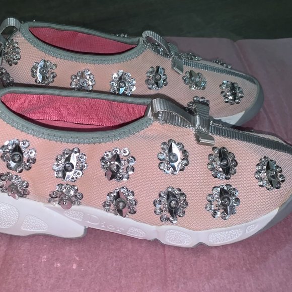 Size 5.5 Dior Mesh Fusion Floral Embellished Slip-On Sneakers 2014 Pink - Picture 1 of 11